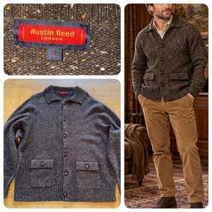 Austin Reed London Men’s L Donegal Fleck Brown Collared Cardigan Elbow Patches